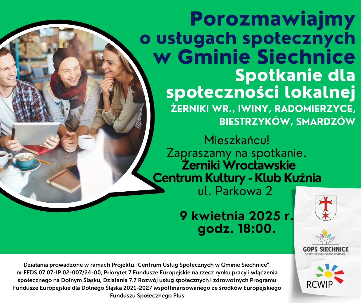 Plakat - zaproszenie na spotkanie społeczności lokalnych Żerniki Wrocławskie