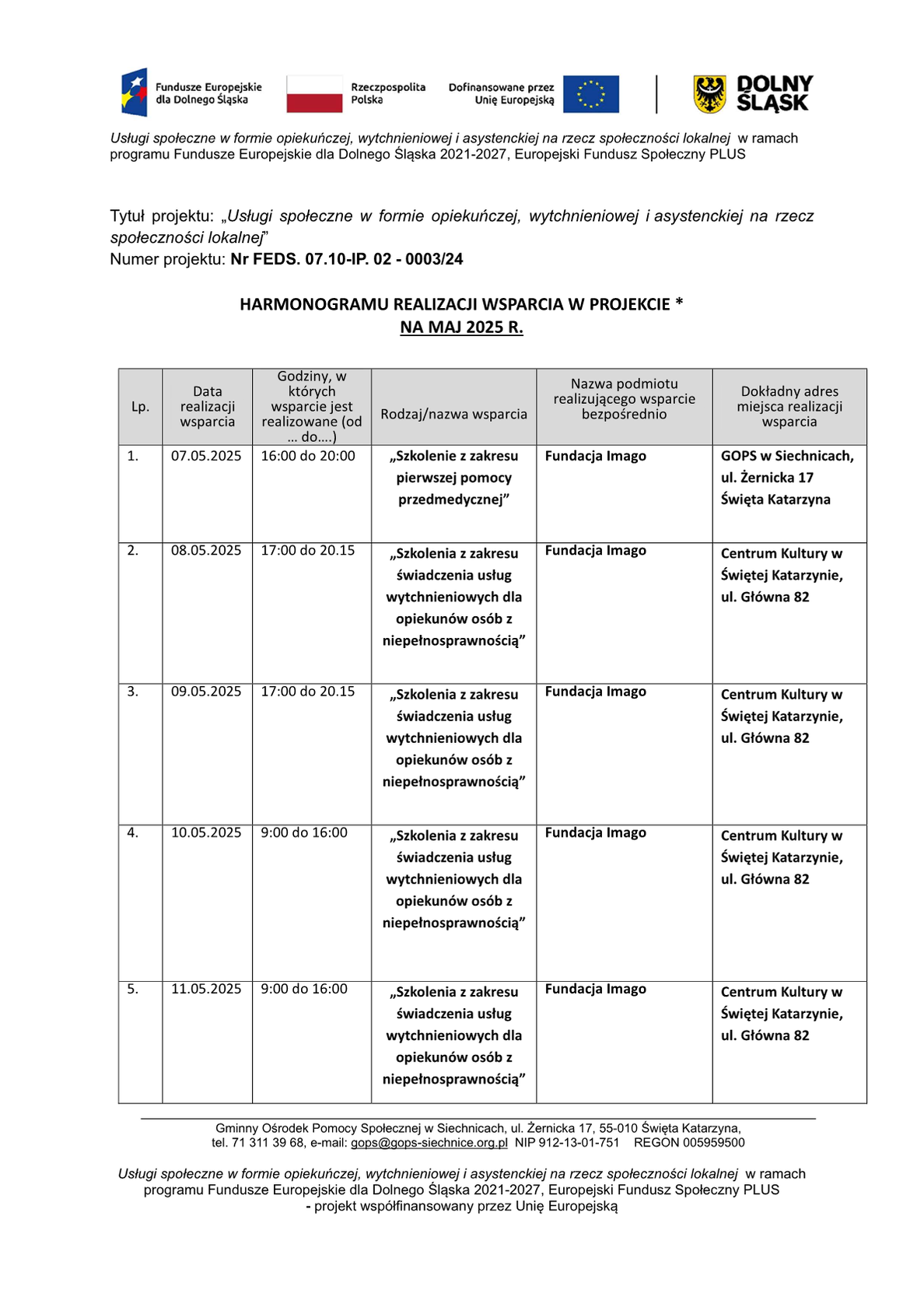 Harmonogram realizacji wsparcia w projekcie ZIT na maj 2025r.