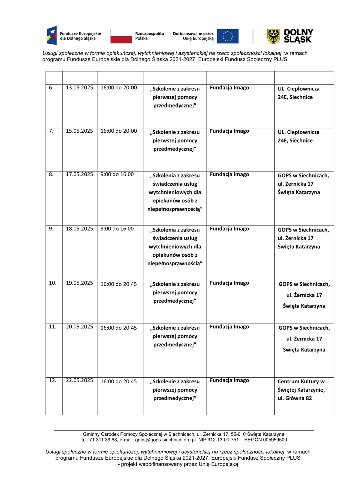 Harmonogram realizacji wsparcia w projekcie ZIT na maj 2025r.