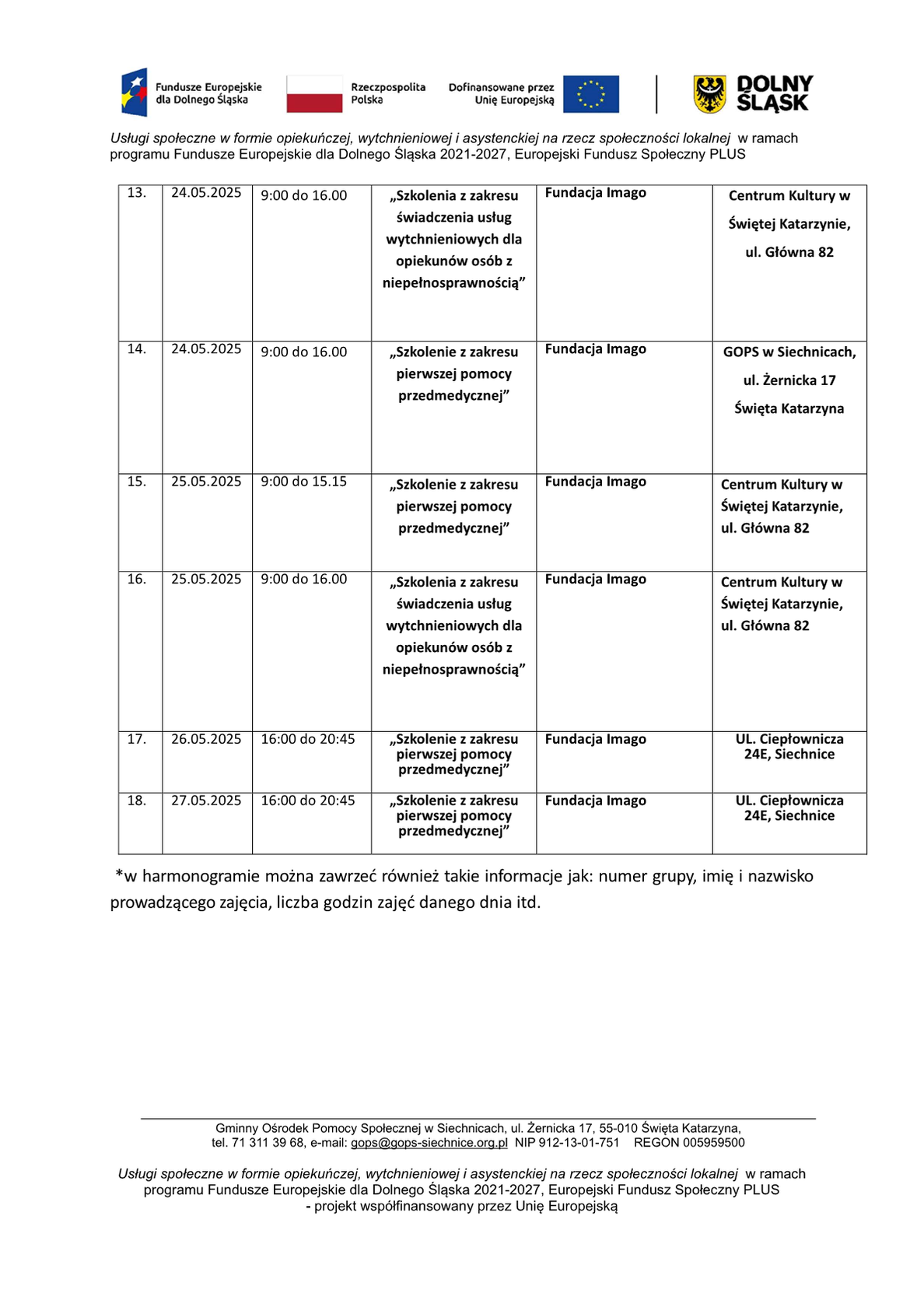 Harmonogram realizacji wsparcia w projekcie ZIT na maj 2025r.