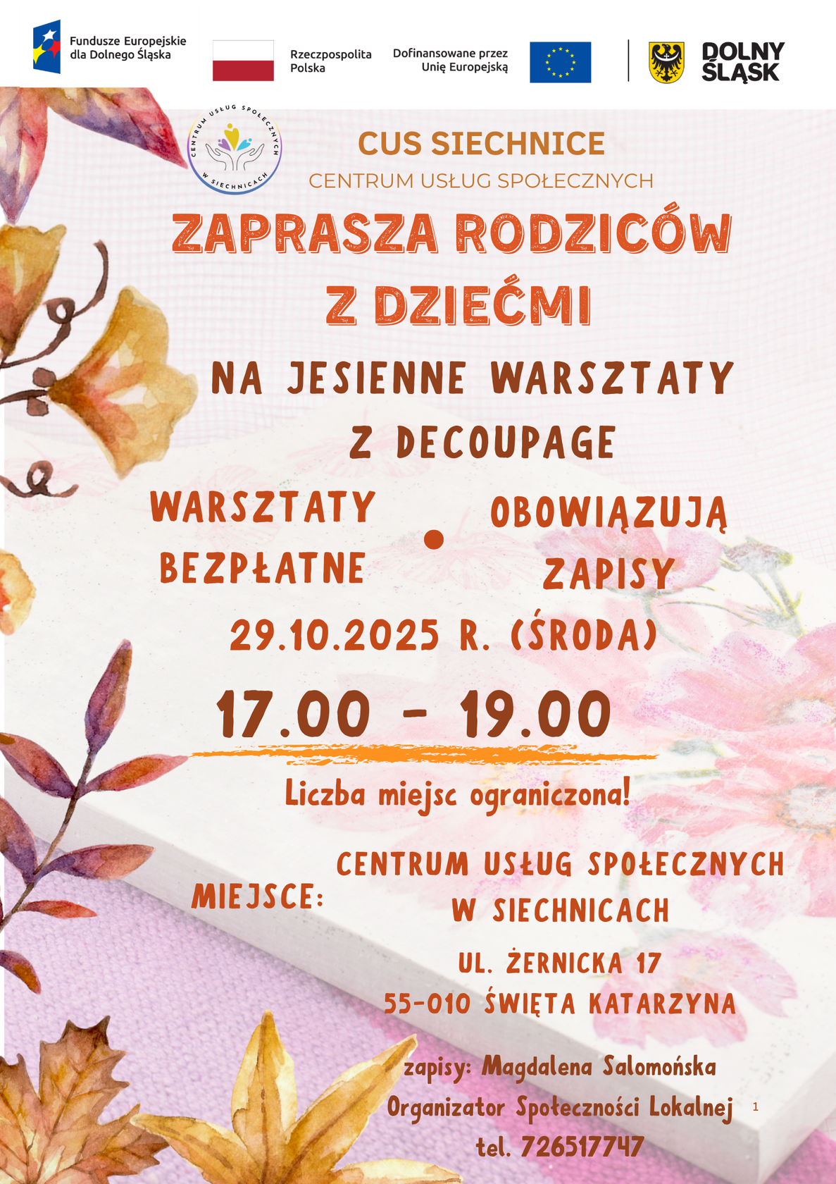 Plakat zapraszający na zajęcia z decoupage
