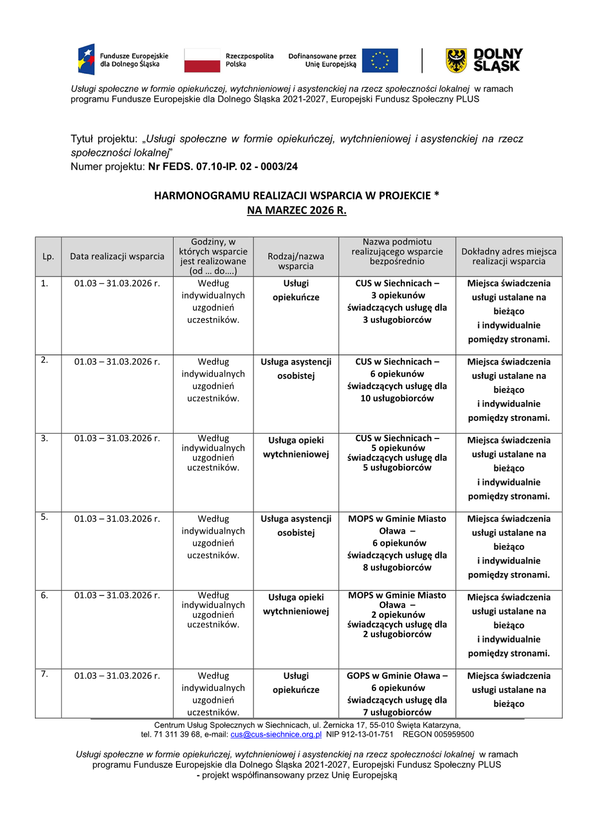 Harmonogram na marzec 2026, dostępny również jako załącznik