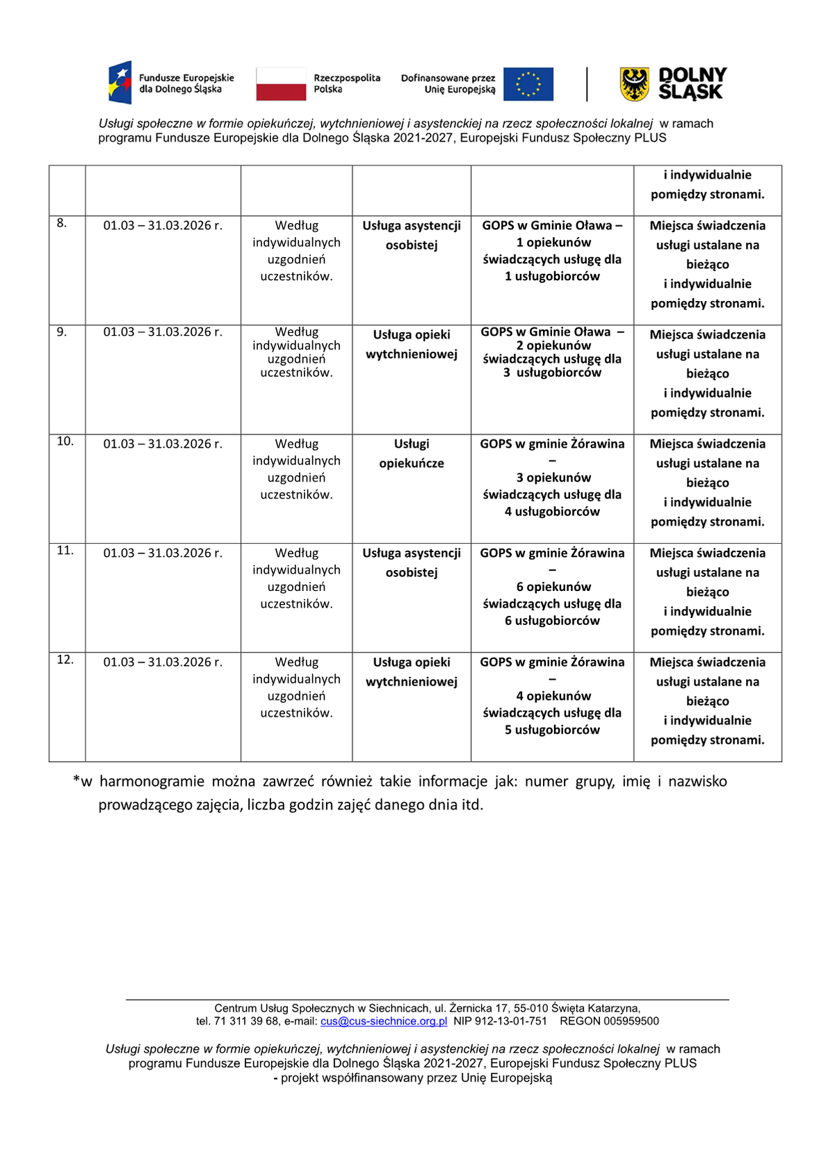Harmonogram na marzec 2026, dostępny również jako załącznik