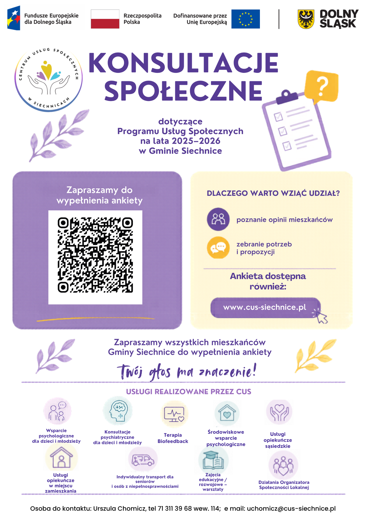 Plakat - zaproszenie do wypełnienia ankiety dot Programu Usług Społecznych na lata 2025-2025