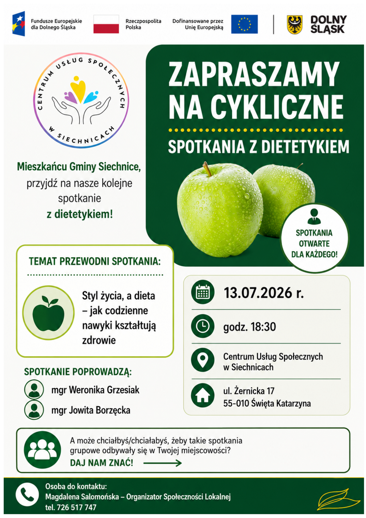 Plakat informujący o cyklicznym spotkaniu z dietetykiem w CUS w Siechnicach, 13 lipca 2026 r., godz. 18:30.