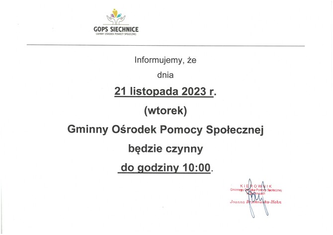 Informacja o skróceniu godzin pracy w dniu 21-11-2023r.