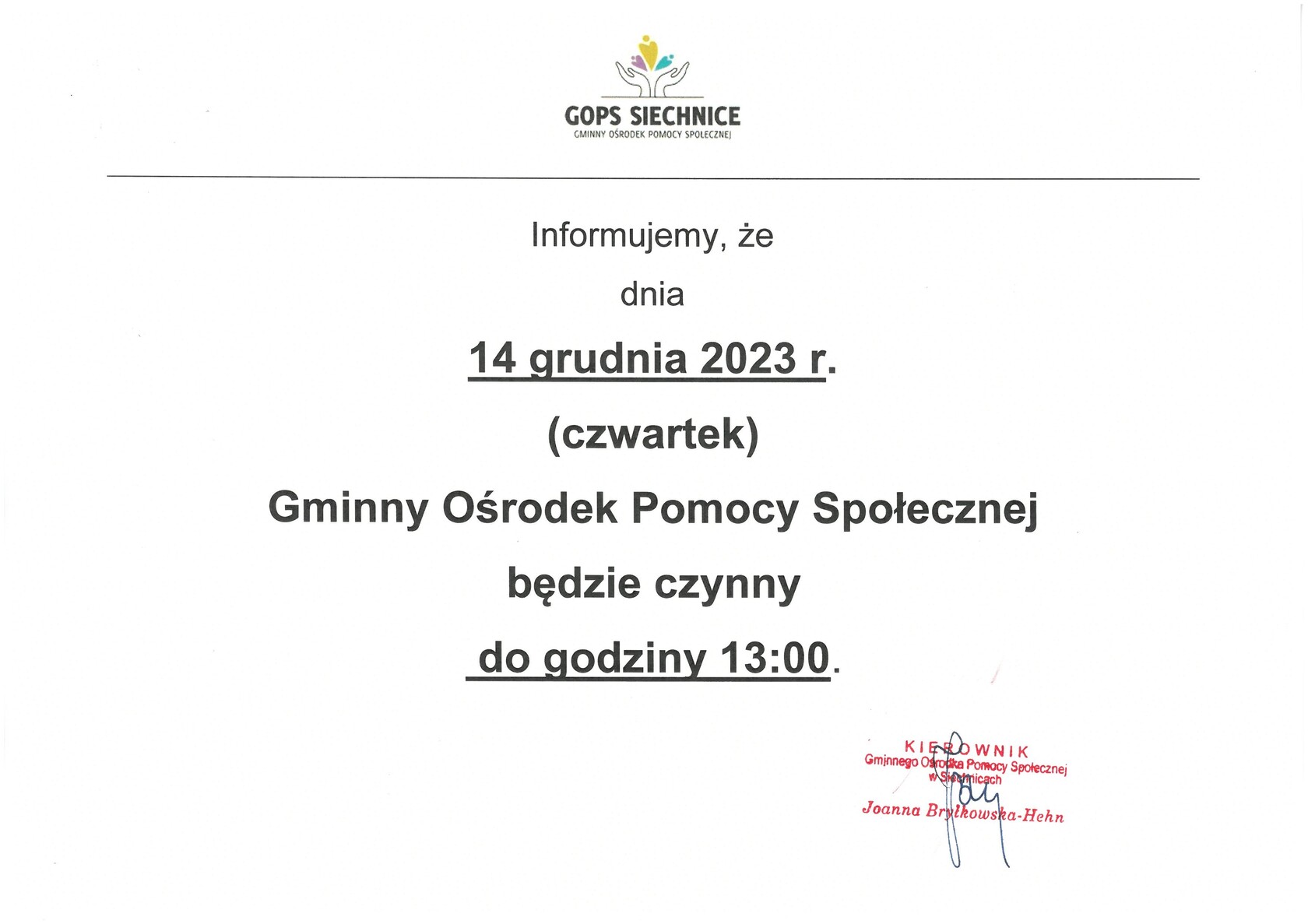 Informacja o skróceniu godzin pracy w dniu 14-12-2023r.