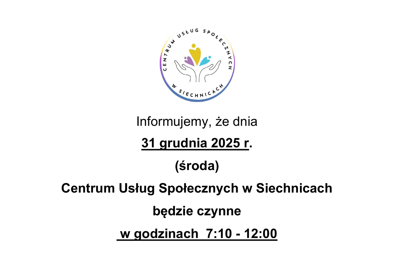 Zmiana godzin - 31.12.2025